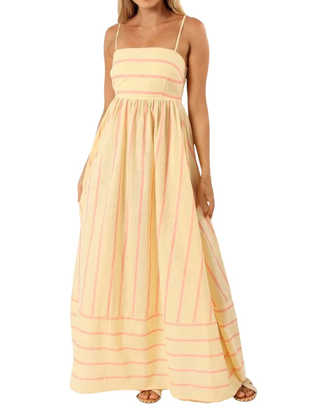 Amazon Yellow Maxi Dress with Pink Stripes and Spaghetti Straps